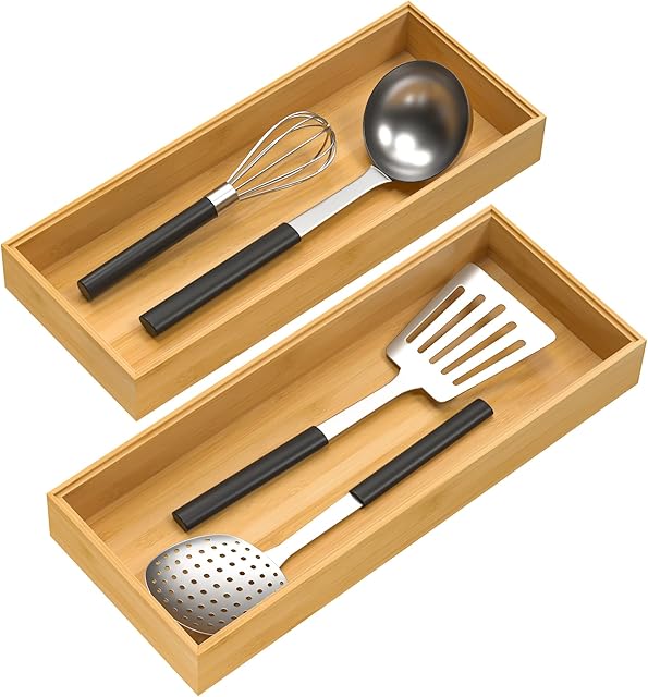 Bamboo Drawer Organizer Utensil Organizer for Kitchen, Wood, 15" x 6" x 2", Set of 2