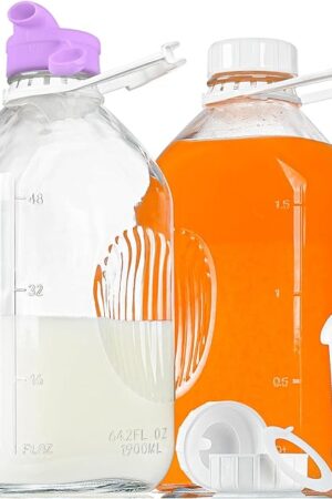 2 Pack 64 Oz Heavy Duty Glass Milk Bottle with 1 Silicone Spout and 3 Reusable Airtight SCREW LID, 2 Qt Glass Water Bottle with 2 Exact Scale Lines - Milk Jug Pitcher - 1/2 Gal Juice Bottles