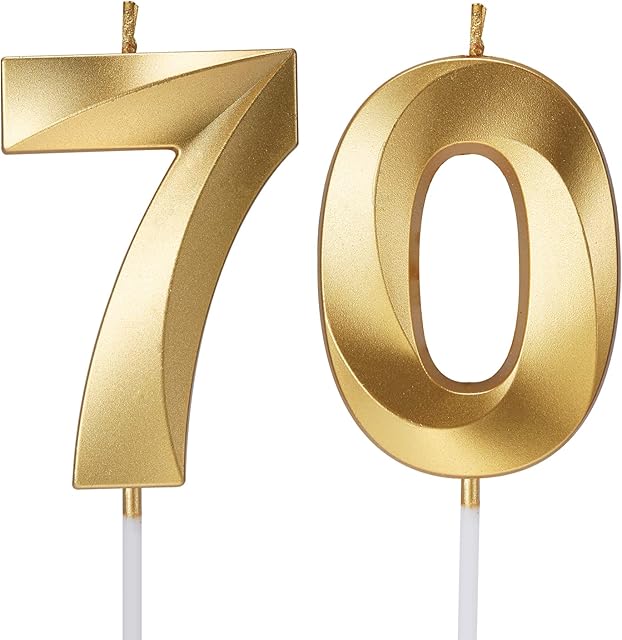 70th Birthday Candles Numbers for Cakes Candle Happy Seventieth Birthday 3D Designed Wedding Anniversary Party Cake Topper Decorations (70, Gold)