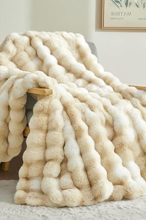 BEDELITE Faux Fur Throw Blanket for Couch, Decorative Tie-Dye Khaki Plush Bubble Blanket - Super Soft & Cozy Fluffy Faux Rabbit Fur Blanket for Women Gift, 50x60 Inches