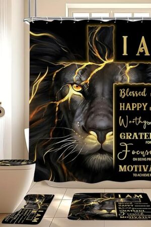 4 Pcs Gold Cross and Lion Shower Curtain Set with Rugs and Toilet Lid Cover, Black Gold Lion Shower Curtain Waterproof Bathroom Set, Inspirational Quotes Shower Curtain Bathroom Decor Set Accessories