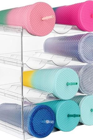 Water Bottle Organizer, Storage Holder for Kitchen Organization,Fridge, Pantry,Cabinet,Countertop,Cupboard- Plastic Cup Rack Shelf for Wine,Drinks- 4 Layers,Each Rack Holds 3 Containers,Clear