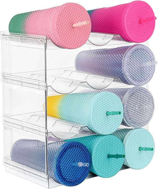 Water Bottle Organizer, Storage Holder for Kitchen Organization,Fridge, Pantry,Cabinet,Countertop,Cupboard- Plastic Cup Rack Shelf for Wine,Drinks- 4 Layers,Each Rack Holds 3 Containers,Clear