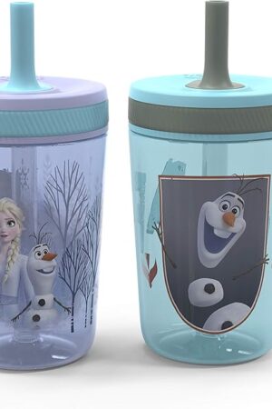 Zak Designs Disney Frozen II Movie Kelso Tumbler Set, Leak-Proof Screw-On Lid with Straw, Made of Durable Plastic and Silicone, Perfect Bundle for Kids (Frozen 2 Olaf, 15 oz, 2pc Set)