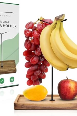 Banana Holder Stand | Multifunctional Acacia Wood Banana Hanger Stand for Kitchen Counter | Double-sided Hook | Multi-Purpose Sleek and Stable Fruit Holder.