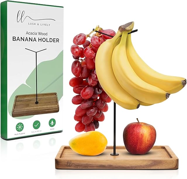 Banana Holder Stand | Multifunctional Acacia Wood Banana Hanger Stand for Kitchen Counter | Double-sided Hook | Multi-Purpose Sleek and Stable Fruit Holder.