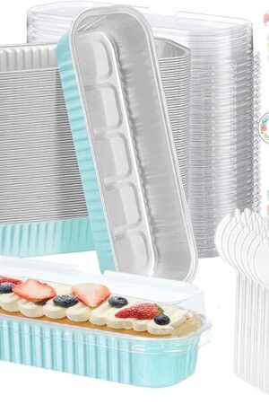 100 Pack Mini Cake Pans with Lids and Spoons,6.8oz Mini Loaf Pans with Lids Cake Tins Rectangular Aluminum Foil Baking Pans with Sealing Sticker Cheesecake Containers