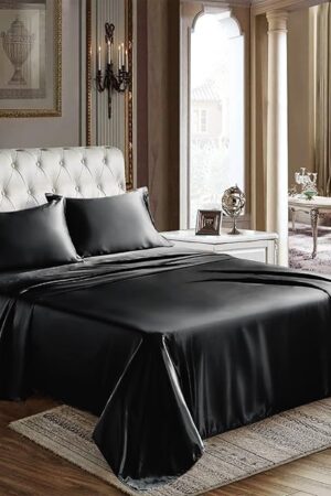 CozyLux Satin Sheets Queen Size 4 Piece Black Bed Sheet Set Silky Microfiber