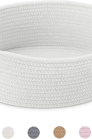 ABenkle Small Baskets with Handles - Decorative Durable Rope Woven Shelf Storage Organizer Bin, Gift Basket for Baby Shower Easter, 12"x8"x5", White