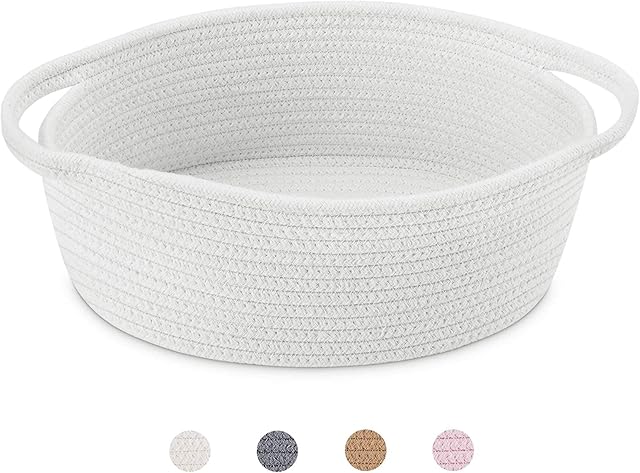 ABenkle Small Baskets with Handles - Decorative Durable Rope Woven Shelf Storage Organizer Bin, Gift Basket for Baby Shower Easter, 12"x8"x5", White