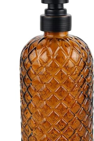 16 oz Glass Soap Dispenser with Stainless Steel Vintage Brushed Bronze Pump Head, Refillable Gemstone Pattern Soap Dispenser for Hand Soap, Dish Soap, and Lotion (Amber)