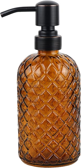 16 oz Glass Soap Dispenser with Stainless Steel Vintage Brushed Bronze Pump Head, Refillable Gemstone Pattern Soap Dispenser for Hand Soap, Dish Soap, and Lotion (Amber)