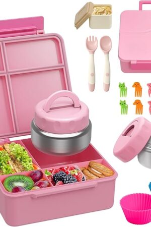Bento Lunch Box with 9.5 oz Soup Thermo, Kids Leakproof 4 Compartments Bento Box with Silicone Cupcake,Fruit Fork,Spoon and Sauce Cup,Insulated Food Jar for School Travel-Pink