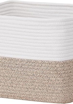 COMFY-HOMI Cotton Rope Woven Basket with Handles for Shelves,Toys,Book, Cloth Storage Baskets for Organizing-13.5" x 11" x 9.5" Toy Decorative Organizer for Living Room, Bathroom （White/Brown）