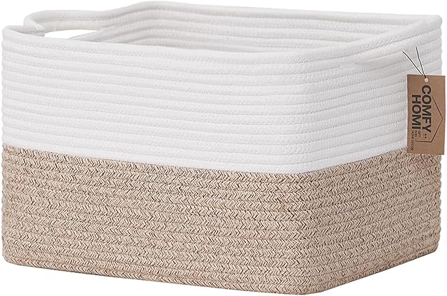 COMFY-HOMI Cotton Rope Woven Basket with Handles for Shelves,Toys,Book, Cloth Storage Baskets for Organizing-13.5" x 11" x 9.5" Toy Decorative Organizer for Living Room, Bathroom (White/Brown)