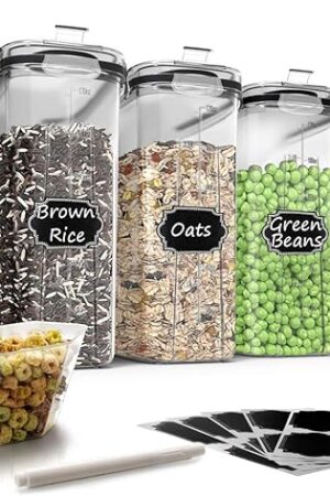 Wildone Cereal Storage Containers Set, Large BPA Free Plastic Airtight Food Storage Containers 4L for Flour, Sugar, 6 Piece Set Cereal Dispensers with 20 Labels & Marker, Black