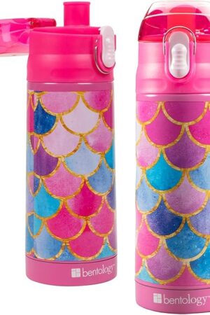 Bentology Stainless Steel 13 oz Reusable Water Bottle for Kids, Mermaid -Double Wall Insulated, Spill Proof Lid w/Built-in Straw- Keep Liquids Hot or Cold For Hours- Fits in Lunch Boxes & Bags