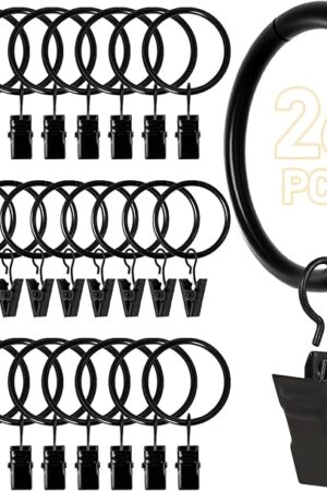 26 PCS Curtain Rings with Clips, Curtain Hooks for Drapes, Curtain Clips with Rings 1.26? Interior Diameter, Black Curtain Rings Fit up to 1 inch Curtain Rod