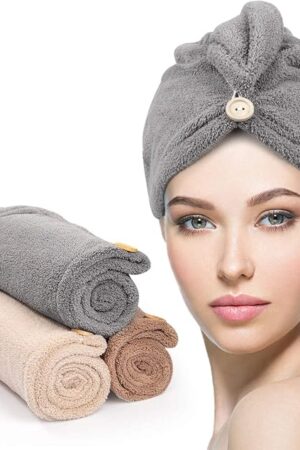 YFONG 3 Pack Hair Drying Towels, Hair Towel with Button, Super Absorbent Microfiber Hair Towel for Curly Hair, Fast Drying Hair Wraps for Women Girls, Microfiber Towel for Hair