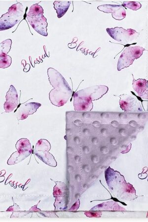 BORITAR Baby Blanket for Girls Soft Plush Minky Fabric, Double Layer Dotted Backing with Elegant Purple Butterfly Printed Blessed Blanket Gift for Toddler Newborn Infant 30 x 40 Inch(75x100cm)