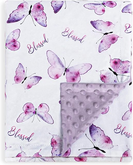 BORITAR Baby Blanket for Girls Soft Plush Minky Fabric, Double Layer Dotted Backing with Elegant Purple Butterfly Printed Blessed Blanket Gift for Toddler Newborn Infant 30 x 40 Inch(75x100cm)
