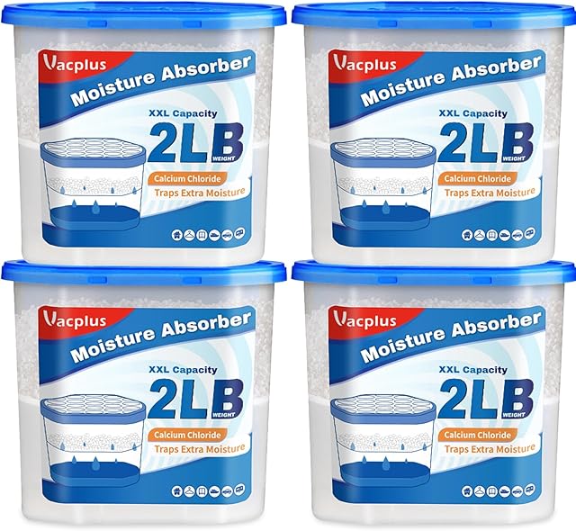 Vacplus Moisture Absorber Buckets 4 Pack – Large Capacity Dehumidifier and Humidity Absorber for Closet, Basement, Bathroom, RV, and Storage Areas, Unscented, 2 lbs, 7.5" x 4.7" x 6.6"