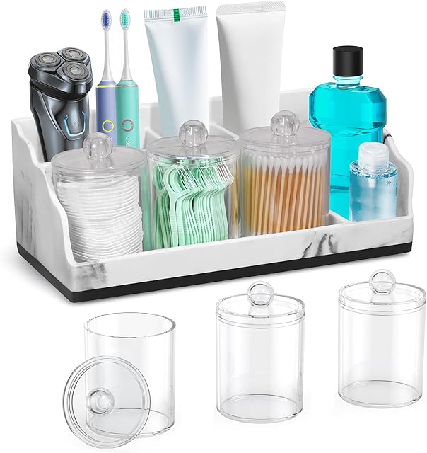 Marble Bathroom Countertop Organizer, Toothbrush Holders for Bathroom with 3PCS Qtip Holder Dispenser and Toothpaste Holder Drainage for Bathroom Accessories Organization Counter Vanity Storage