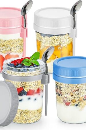 DRKIO 4 Pack Overnight Oats Containers with Lids and Spoons 16 Oz Glass Mason Jars for Overnight Oats Leak Proof Oatmeal Container Great for Cereal Fruit Vegetable Milk Salad Yogurt Meal Prep
