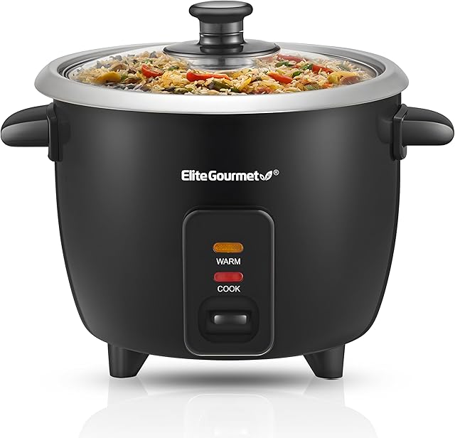 Elite Gourmet ERC003B Electric Rice Cooker with Automatic Keep Warm Makes Soups, Stews, Grains, Hot Cereals, 6 Cups Cooked (3 Cups Uncooked), Black