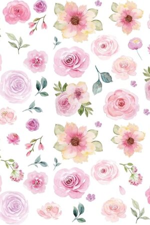 AOWDIAO 60 Pcs Flower Peel and Stick Wall Decals Watercolor Vinyl Peony Floral and Leaves Wall Stickers Pastel Flower Decor for Girls Bedroom Nursery Classroom Living Room