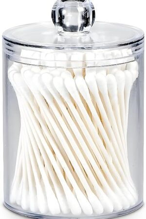 AXX Qtip Dispenser Apothecary Jars Bathroom - Qtip Holder Storage Canister Clear Plastic Jar for Cotton Ball,Cotton Swab,Q-Tips