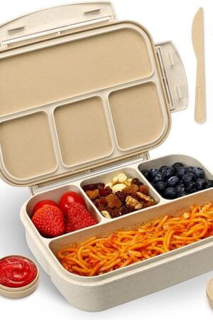 Bento Lunch Box for Kids, Wheat Straw 5.5 Cups Leakproof Adult Bento Box with 2 Sauce Jars, 4 Compartments Lunchable Snack containers, Utensils, Microwave & Dishwasher Safe (Wheat Straw Beige)