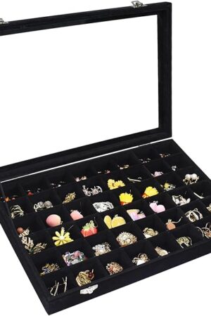 Velvet Jewelry Tray 48 Compartments Jewelry Display Organizer with Transparent Cover Rings, Earrings, Necklaces, Pendants Storage Box for Girls, Wives, Mothers, Women