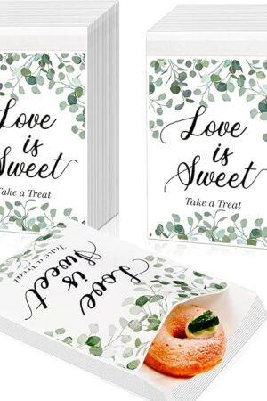 200 Pcs Wedding Favor Treat Bags Love Is Sweet Themed Treat Paper Bags White Self Adhesive Paper Wedding Gift Supplies Candy Cookie Buffet Party Favor for Gifts, 5 x 7 Inch