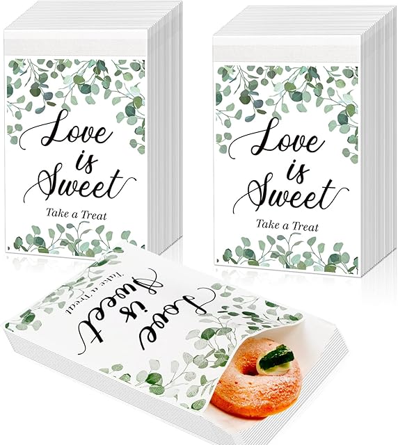200 Pcs Wedding Favor Treat Bags Love Is Sweet Themed Treat Paper Bags White Self Adhesive Paper Wedding Gift Supplies Candy Cookie Buffet Party Favor for Gifts, 5 x 7 Inch