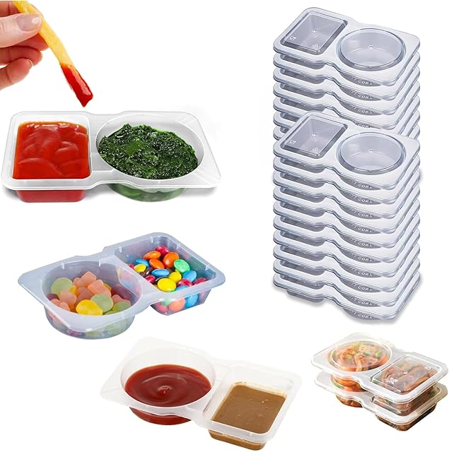 25 Sets Reusable Snack Containers, 2-Compartment Dipping Containers with Lid for Refrigeration, Portion Control, Outdoor Takeaway Sauce Dip Case