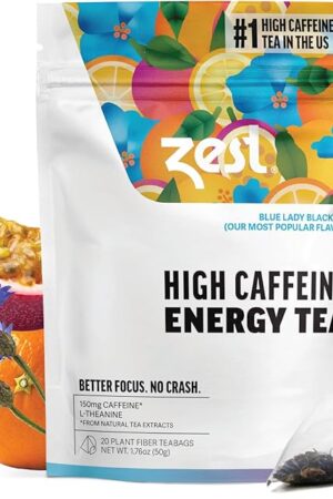 Zest Blue Lady Black Tea - 150mg High Caffeine Blend - 20 Pack | All Natural | Hot or Iced | Coffee Alternative | Highly Caffeinated | Perfect for Keto