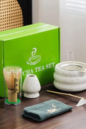 7Pcs Japanese Matcha Tea Set, Matcha Kit with Matcha Bowl (with Pouring Spout), Matcha Whisk, Whisk Holder, Strainer - Elegant Matcha Set for Gifting and Personal Use, Gift Box Packaging (white)
