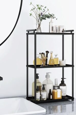 3 Tier Bathroom Organizer Countertop, Stainless Steel Perfume Tray and Vanity Countertop Shelf, Makeup Skin Care Bathroom Organizers and Storage for Dresser, Kitchen (Matte Black)