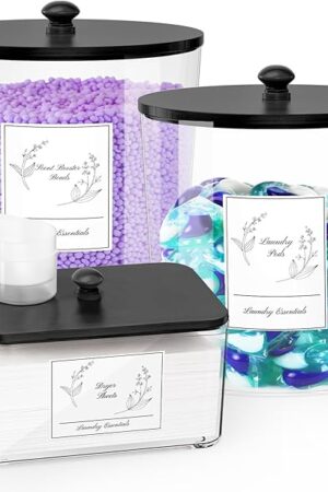 3 Pack Laundry Powder Container & Dryer Sheet Holder, Plastic Laundry Room Organization and Storage Jars with Lids, Labels & Scoops for Powder, Detergent, Scent Booster (Black Lid)