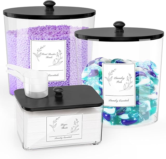 3 Pack Laundry Powder Container & Dryer Sheet Holder, Plastic Laundry Room Organization and Storage Jars with Lids, Labels & Scoops for Powder, Detergent, Scent Booster (Black Lid)