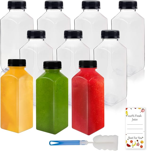 10 Pcs 12oz Plastic Juice Bottles With Caps, Reusable | Food Grade | for Juicing, Smoothies, Coffee, and Other Beverages