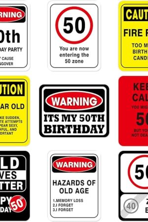 WERNNSAI 50th Birthday Party Decorations - 9PCS Wall Signs for Adults 50 Years Old Party Decor 50 Zone Table Centerpieces Yellow Caution Logos on Door Windows Yard Garden Banner Party Supplies