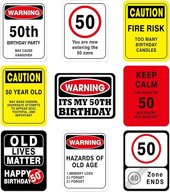 WERNNSAI 50th Birthday Party Decorations - 9PCS Wall Signs for Adults 50 Years Old Party Decor 50 Zone Table Centerpieces Yellow Caution Logos on Door Windows Yard Garden Banner Party Supplies