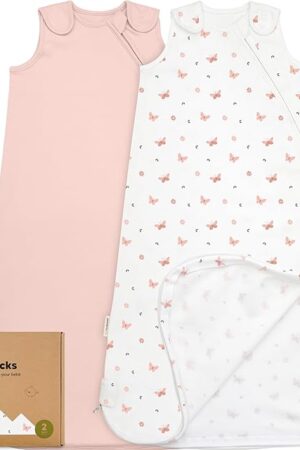 2-Pack Organic Baby Sleep Sacks, 100% Cotton - Soft & Breathable 0.5TOG Baby Wearable Blanket, Toddler Sleeping Sack 6-18 months, Easy to Wear Transitional Swaddles for Newborns (Butterflies, M)