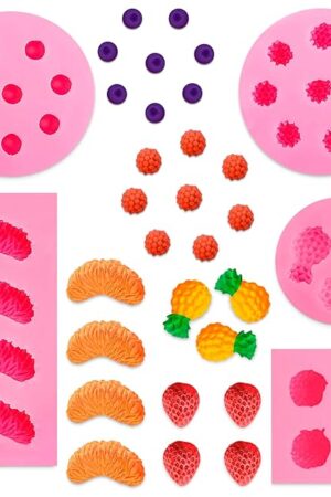 5 Pcs Fruit Snack Molds Silicone – Gummy Molds Silicone & Candy Mold Set with Pineapple, Orange Slice, Strawberry & Raspberry Shapes – Gummy Mold for Fun Homemade Gummies & Treats
