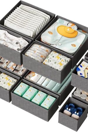 12 Pack Drawer Organizer for Baby Clothes, Nursery Organizer for Baby Diaper, Collapsible Deep Fabric Drawer Organizer with Zipper for Socks, Bra, Towels, Ties, Grey