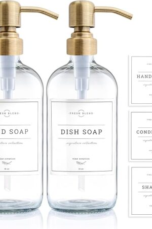Vine Creations Clear Glass Soap Dispenser, 2 Pack Kitchen Soap Dispenser Set with Stainless Steel Pump, 16 oz Dish Soap and Hand Soap Dispensers for Bathroom with Waterproof Labels