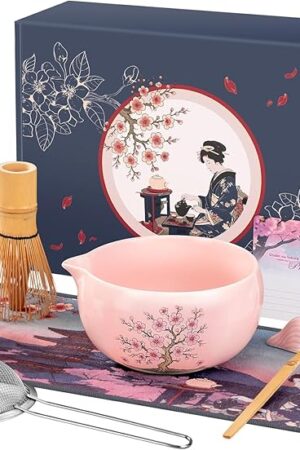 DELLAN Matcha Whisk Set, Cherry-Blossom Matcha Set Making Kit Includes Ceramic Matcha Bowl, Whisk and Holder, Bamboo Scoop, Scoop Rest, Sifter, Greeting Card and Tea Towel - 8 Pcs Matcha Set Pink