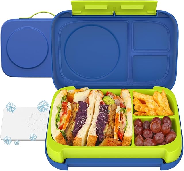 Caperci Heavy Duty Bento Lunch Box with Ice Pack for Big Kids & Adults - Holds 5.5 Cups Leak-Proof 3-Compartment Lunch Containers, Microwave/Dishwasher Safe, BPA-Free (Blue)